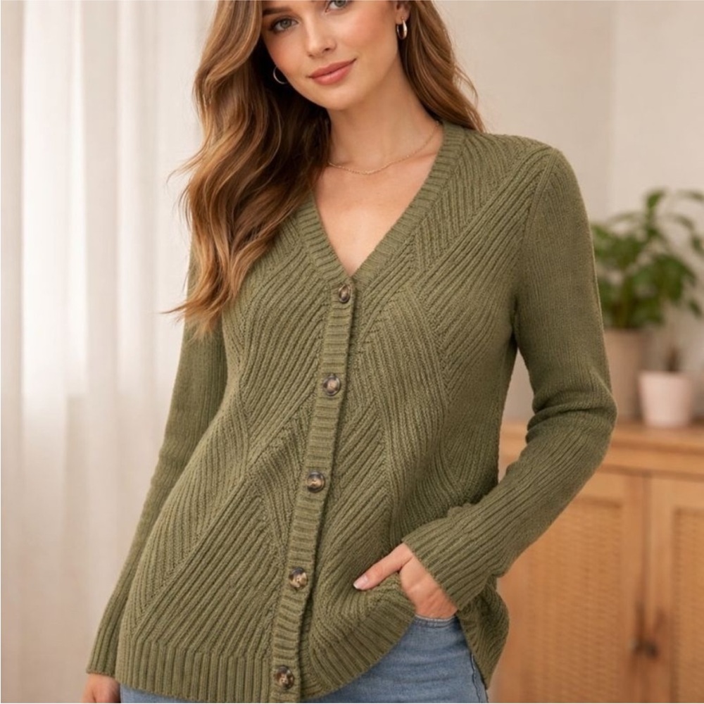 CAbi 3536 Aerial Button-Front Green Knit Chunky Cardigan L